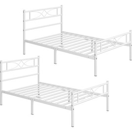Yaheetech 2PCS Simple Metal Bed Frame with Curved Design Headboard and Footboard, 13 Inches Underbed Storage, 12 Built-in Steel Slats, No Box Spring Needed White