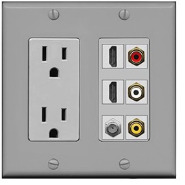 RiteAV - 2 x 15 Amp 125V Power Outlet 3 x RCA - 2 X HDMI and 1 x Coax Cable TV Port Wall Plate Gray