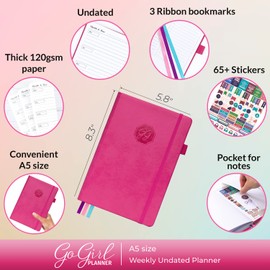 GoGirl Planner and Organizer for Women - A5 Size Weekly Planner, Goals Journal & Agenda to Improve Time Management, Productivity & Live Happier. Undated - Start Anytime, Lasts 1 Year - Hot Pink