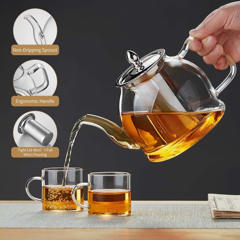 DOPUDO 1200ml Glass Teapot with Removable Infuser, Stovetop Safe Tea