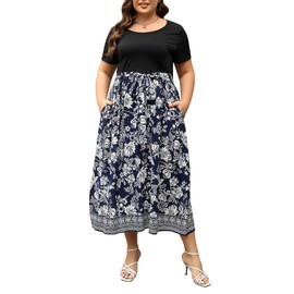 Nemidor Womens Plus Size Summer Short Sleeve Boho Print Flared Long Dress with Pocket NEM530(26,Navy White)