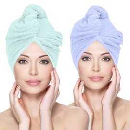 Glamza Microfibre Hair Towel Wrap Super Absorbing Twist Turban Hair Wrap with Buttons for Fast Drying Hair (2 PACK (LARGE) - GREEN & BLUE)