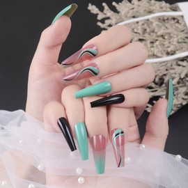BABALAL Glossy Press on Nails Long Ballerina Full Cover Tips Swirl UV Gel Nails Abstract Nail Art Tips for Women and Girls