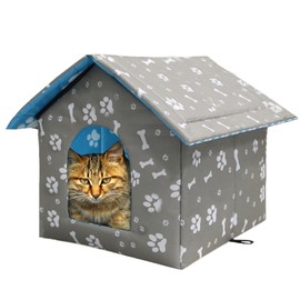 LUNNTE Outdoor Cat House, Winter-Resistant, Waterproof, Weatherproof Outdoor Pet House with Removable Transparent Curtain, Grey Print, L