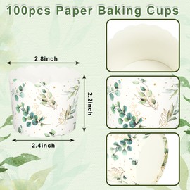 JarThenaAMCS 100Pcs Eucalyptus Leaf Paper Baking Cups Green Gold Foil Leaves Cupcake Wrappers Scalloped Edge Cupcake Muffin Cases for Wedding Birthday Party