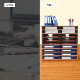 Fetcoi Wood File Organizer Desktop, 18 Slots Document Letter Mail Tray Sorter, Wooden File Paper Letter Tray Desktop Paper Sorter Literature Organizer Rack for School Home Office Supplies (Brown)