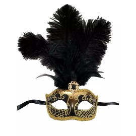 MGMB Gold Black Feather Venetian Masquerade Mardi Gras Jewel Gem Mask 12" New