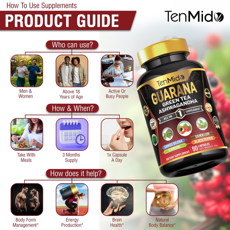 Tenmido Guarana & Green Tea Supplements - 7in1 with Ashwagandha,