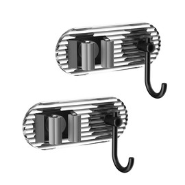 2 PCS Broom Holder Mop and Broom Holder No Drilling, Heavy Duty Acrylic Mop Broom Holder Organizer Wall Mount Self Adhesive for Laundry Home Kitchen Garden Garage (Black)