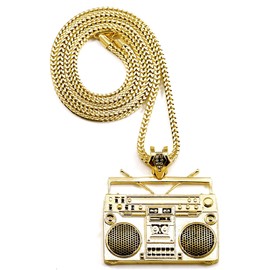 GWOOD Boom Box Gold Color Pendant with 36 Inch Franco Necklace Cassette