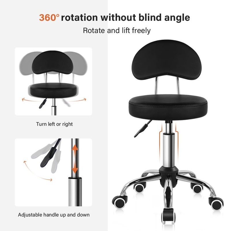 KKTONER Rolling Stool with Mid Back Height Adjustable Chair PU