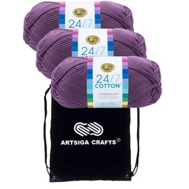Lion Brand 24/7 Cotton Purple 761-147 (3-Skeins - Same Dye Lot) Worsted Medium #4 Cotton Yarn for Crocheting and Knitting - Bundle with 1 Artsiga Crafts Project Bag