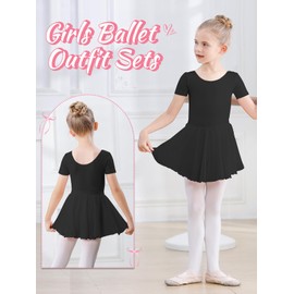 Kefiyis Ballet Clothing Girls Short Sleeve Ballet Dress Cotton Ballet Jersey Children's Ballet Suit Ballet Body with Chiffon Skirt Tutu 3-11 Years, black, 150