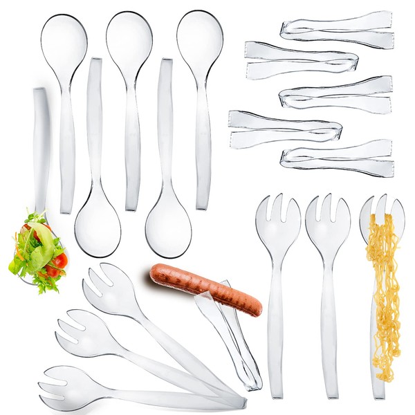 Plastic Serving Utensils, 18 Pack Heavy Duty Disposable Serving Utensils, 6-10” Spoons and Forks, 6-6-1/2” Serving Tongs, Clear