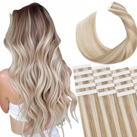 Tape in Hair Extensions Human Hair (Balayage Caramel Blonde to Bleach Blonde, 18 inch)