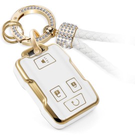 CTRINEWS for GMC Key Fob Cover with Luxury Diamond Bling Braided Rope Keychain, Upgraded Soft Case for Canyon Sierra 1500HD Yukon XL Colorado Silverado Suburban Tahoe (4 buttons) Shell (Gold, B1)