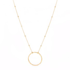 Aobei Pearl 18K Gold Plated Circle Pendant Necklace Long Satellite Beaded Chain Jewelry for Women Hammered Karma Open Circle Charm Geometric Necklace