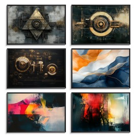 XRZ Abstract Canvas Wall Art Set of 6 – Industrial Geometric Prints – Modern Office Wall Decor – 24x16 Inch Unframed Panels