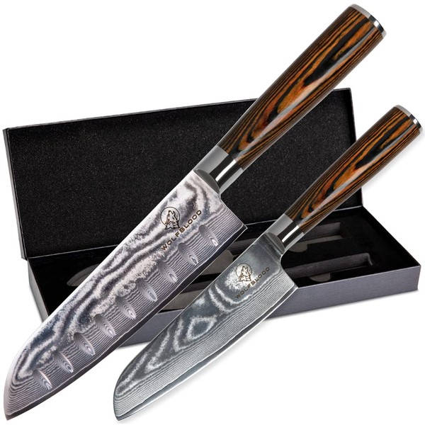Wolfblood Set of 2 (30 cm and 24 cm) Professional Damask Kitchen Knife Set of 67 Layers Damascus Steel & VG10 Santoku Knife Blade I Santoku Damascus Knife Set with Wooden Handle Gift Box & Blade Guard
