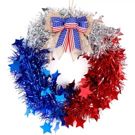 SHIPAI 12.6 Inch Memorial Day Red White Blue Wreath with Stars 4th of July Decorations for Independence Day Patriotic Tinsel Wreath for Front Door Wall,Yard,Home