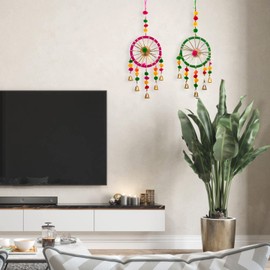 Traditional Handcrafted Colorful Pompom Door Decorative Hanging Latkan Home Décor for Home Offices Hotel and Gifting (Pink and Green Circle- Set of 2)