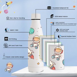 Vikastar Stainless Steel Water Bottle, 500 ml, BPA-Free Drinking Bottle, 3D Printed Thermos Flask, Leak-Proof Water Bottle for School, Bike, Camping, Fitness, White Astronaut