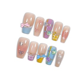 Hantyer Press on Nails, Long Coffin Fake Nails with Checkered Pattern, Star & Bow Accents, Dopamine Color French Tips, Reusable Nails Cute Summer Style for Women(Size XS)