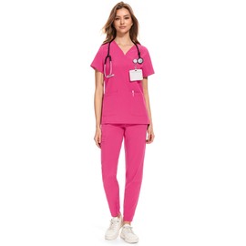 COZYFIT Medical Scrubs for Women Set - Curved V-Neck Scrub Top & Jogger Pants with 8 Pockets - Hot Pink, M