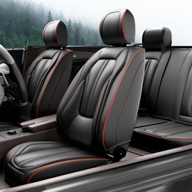 ASLONG 5PCS H7 Front and Back Car Seat Covers Auto Interior Accessories with Water Proof Nappa Leather for Cars SUV Pick-up Truck Universal Comfortable and Breathable (Full Set, Black&Red line)