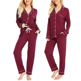 SWOMOG Womens Pajamas Set Long Sleeve Sleepwear Button Down Nightwear Soft Pj Lounge Sets A-wine Red