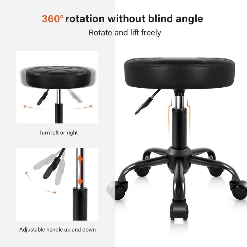 KKTONER Rolling Stool Chair PU Leather Height Adjustable Round Stool