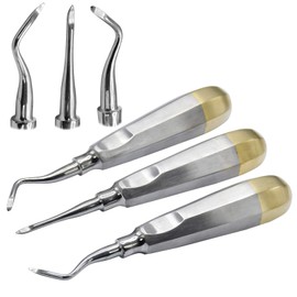 AAProTools Heidbrink Root Tip Sharp Pointed Ends Elevators Set Left, Right & Straight Angle Gold Handle Dental Instruments