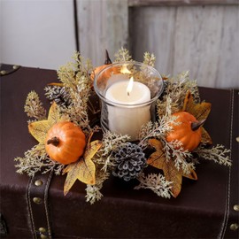 2 Pcs Thanksgiving Candle Rings Wreaths with Pumpkins, Fall Candle Rings Wreath 3 inch Center for Decor, Candle Wreaths (White * 2, 10")