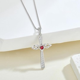 FYNSBLE Cross Necklace for Women Sterling Silver Guardian Angel Wings Ruby Heart Birthstone Pendant Necklace Jewelry for Women Mother Her