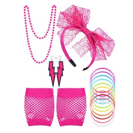 80s Fancy Dress Costume Accessories for Women 1980s Fancy Party Costume Set Lace Headband Earrings Fishnet Gloves Necklace Bracelet for 80s Retro Party(Pink)