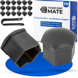 Wheel Bolt and Nut Caps Set, 21 Pieces, for 21 mm Hex Bolts and Nuts, Minimum Diameter 28 mm Rims Screw Hole, Wheel Nut Caps in Glossy Grey, 1 x Tool, Wheel Bolt Cover