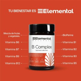 Complejo B Elemental 60 Cápsulas De 673mg Vitaminas B1 | 13 Frutas y Verduras | 40.38g | Sin Sabor