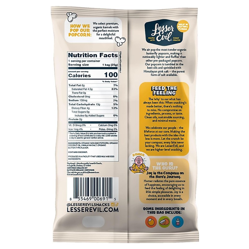 Lesser Evil LSN00691 Organic Popcorn, Himalayan Gold, 0.88 oz., 18/Carton