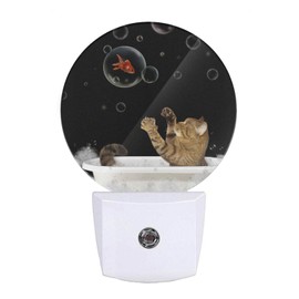 EKOBLA Funny Cat and Fish Night Light Black Cat Play Gold Fish Bubbles in Bathtub Night Lights Plug into Wall Home Decor Cute Nightlight for Men Women