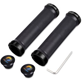 TOPCABIN Bicycle Handlebar Grips, Ergonomic Design, Mountain Bike / BMX Handlebar Grips, 1 Pair with 2 Aluminium Lock-On End Caps, black