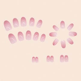 24 Pcs Short Press on Nails, ASONRL Nude Glossy Oval Fake Nails Pink Gradient Design Nail Art with Glue Mini Nail File Kit Reusable Acrylic False Nails, Nude Pink Gradient