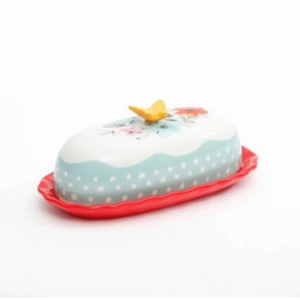 Floral Polka Dot Ceramic Butter Dish with Butterfly Knob, 6.4 inches