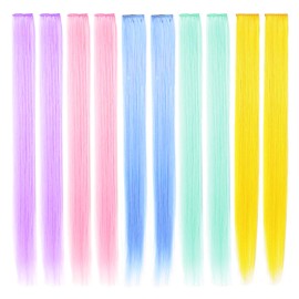 FAIRY COLOR 10 PCS Colored Hair Extensions, Multi-colors Party Highlights Clip in Heat-Resistant Synthetic Hair Extensions 20 Inch (Light blue Light pink Light green Light purple Yellow)