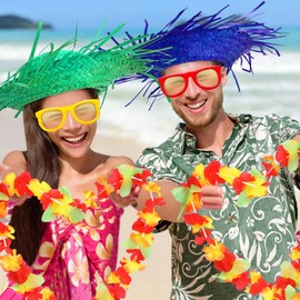 Silicherry 98 Pcs Hawaiian Luau Party Decorations Set Include Hawaiian Tropical Leis Bulk Straw Hat Luau Sunglasses for Summer Luau Beach Pool Party Costume Decorations Accessories