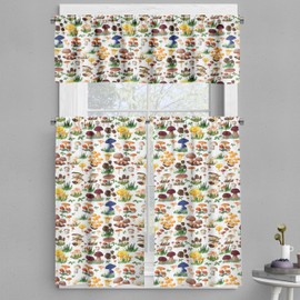 Ambesonne Mushroom Valance & Tier Curtain 3 pcs Set, Pattern Types of Mushrooms Wild Species Natural Organic Food Garden Theme, Window Treatments for Room Kitchen Decor, 55" x 24", Brown Maroon