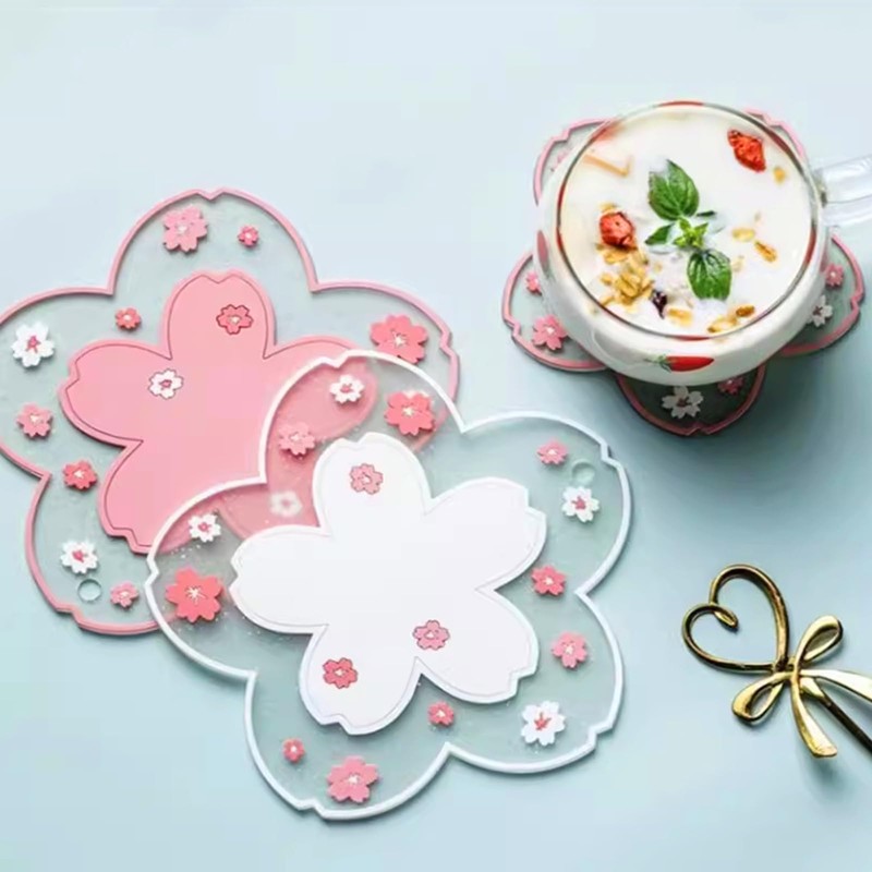 6Pcs Silicon Cup Coasters, Cherry Blossoms and Daisies Coasters, Non-Slip