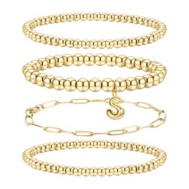 Gold Bracelets Stack Beaded for Women: Dainty 14k Gold Bracelets for Women Non Tarnish Stackable - Initial Bracelet Set for Women Small Wrist Trendy - Bubble Letter Stretch Charm Bracelet Gold Jewelry