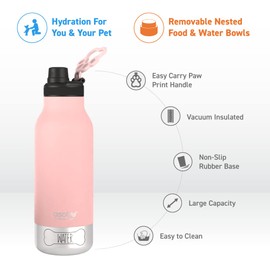 Asobu Dog Buddy Bottle a Stainless Steel Insulated Water Bottle for a Human with 2 Removable Dog Bowls for Water, Food, and Treat Storage – 34 Ounce (Pink)
