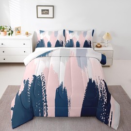 Feelyou Pink Navy Blue Graffiti Comforter Set for Girls Boys Abstract Geometric Comforter Modern Abstract Art Painting Bedding Set Artistic Smear Duvet Set Twin Size Quilt Set 2Pcs