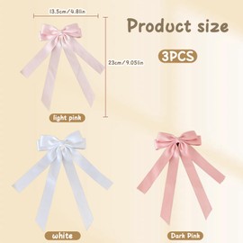 3 Pcs Long Ponytail Hair Accessories, Pink Bow for Crafts, White Hair Bows for Girls and Women, Cute Satin Bowknot White Hair Tassel Ribbon Suitable for Long and Thick Hair